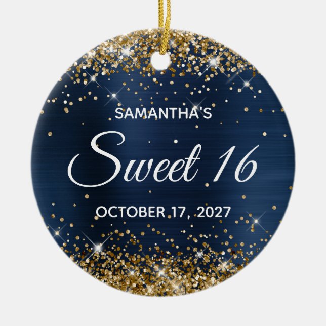 Gold Glitter Navy Blue Foil Sweet 16 Birthday Ceramic Tree Decoration (Front)