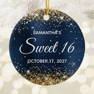 Gold Glitter Navy Blue Foil Sweet 16 Birthday Ceramic Tree Decoration