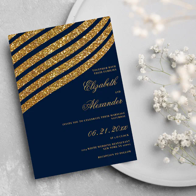 gold-glitter-navy-blue-geometric-abstract-wedding-invitation-zazzle