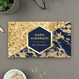 Gold Glitter Navy Blue Marble Makeup Artist Business Card