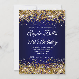 Gold Glitter Navy Blue Ombre 21st Birthday Invitation