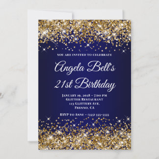 Gold Glitter Navy Blue Ombre 21st Birthday Invitation