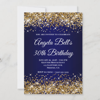 Gold Glitter Navy Blue Ombre 30th Birthday Invitation