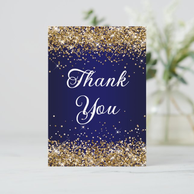 Gold Glitter Navy Blue Ombre 40th Birthday Thank You Card (Standing Front)