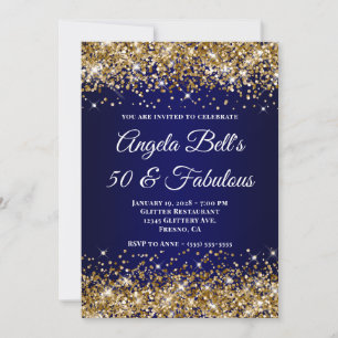 Gold Glitter Navy Blue Ombre 50 & Fabulous Invitation