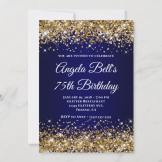 Gold Glitter Navy Blue Ombre 75th Birthday Invitation
