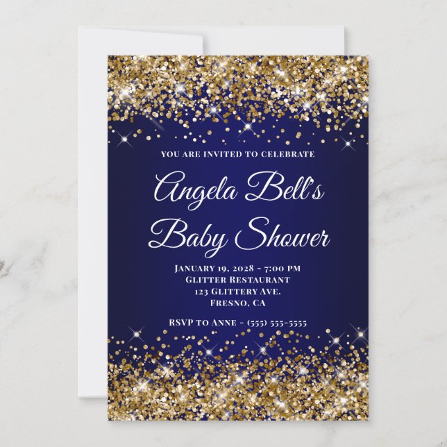 Gold Glitter Navy Blue Ombre Baby Shower Invitation (Front)