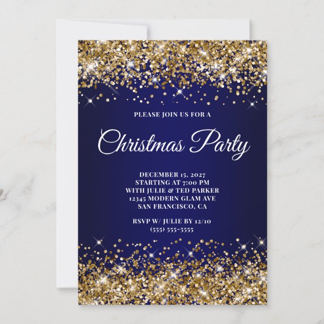 Gold Glitter Navy Blue Ombre Christmas Party Invitation (Front)