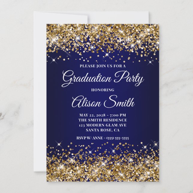 Gold Glitter Navy Blue Ombre Graduation Party Invitation (Front)