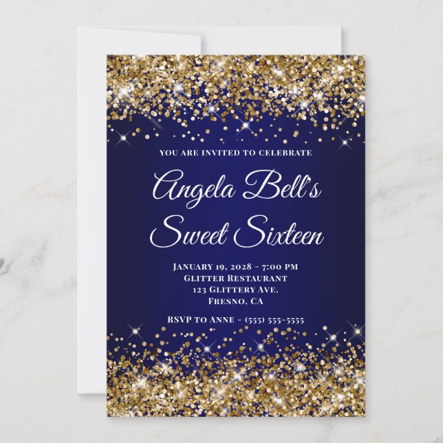 Gold Glitter Navy Blue Ombre Sweet Sixteen Invitation (Front)