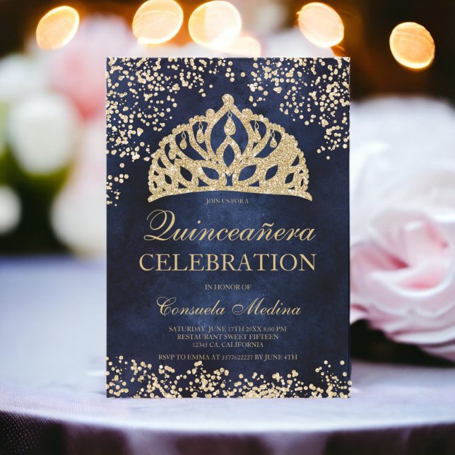 gold glitter navy blue photo tiara Quinceañera Invitation (gold glitter navy blue photo tiara Quinceañera Invitation)