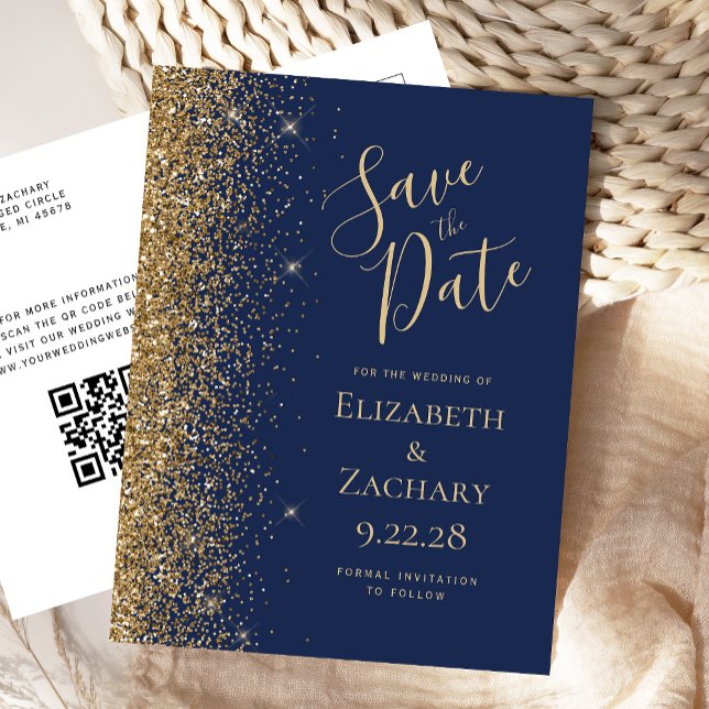 Gold Glitter Navy Blue QR Code Save the Date Announcement Postcard (Creator Uploaded)