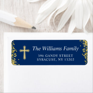 Gold Glitter Navy Blue Religious Return Address