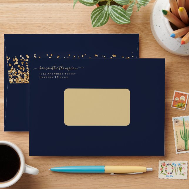Gold Glitter Navy Blue Script Name Return Address Envelope (Desk)