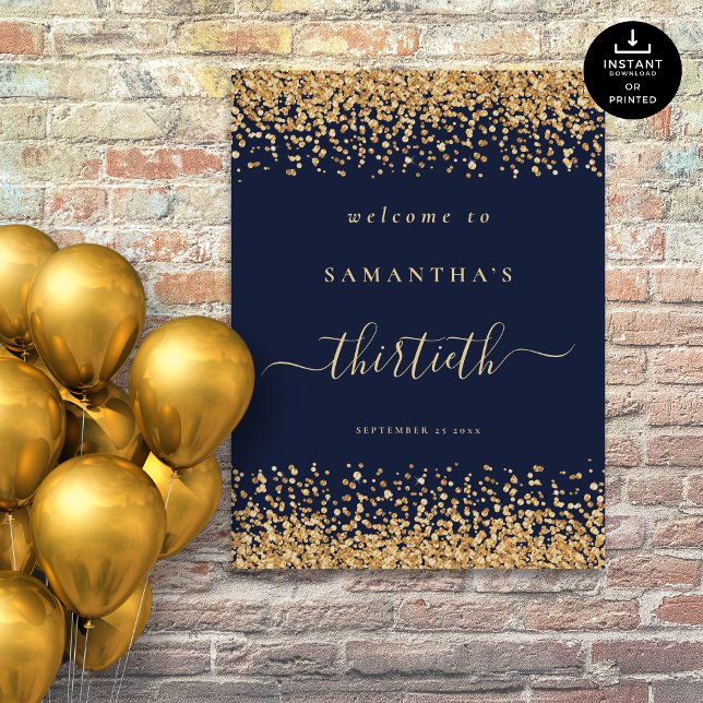 Gold Glitter Navy Blue Script Welcome 30th Party Poster (Creator Uploaded)