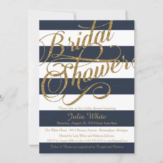 Gold Glitter Navy Blue Strip Shower Invitation (Front)