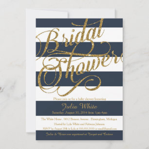 Gold Glitter Navy Blue Strip Shower Invitation
