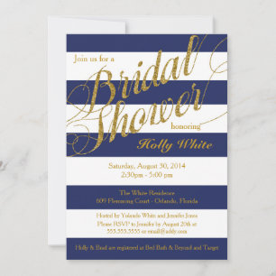Gold Glitter & Navy Blue Stripe Shower Invitation