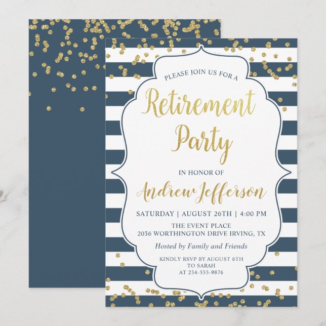 Gold Glitter Navy Blue Surprise Retirement Party Invitation (Front/Back)