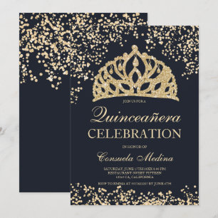 gold glitter navy blue tiara Quinceañera Invitation