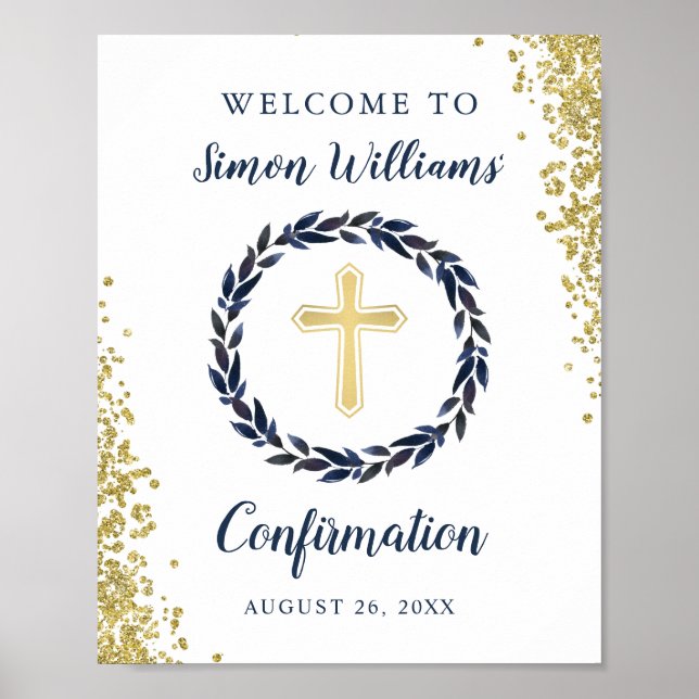Gold Glitter Navy Blue Wreath Confirmation Welcome Poster (Front)