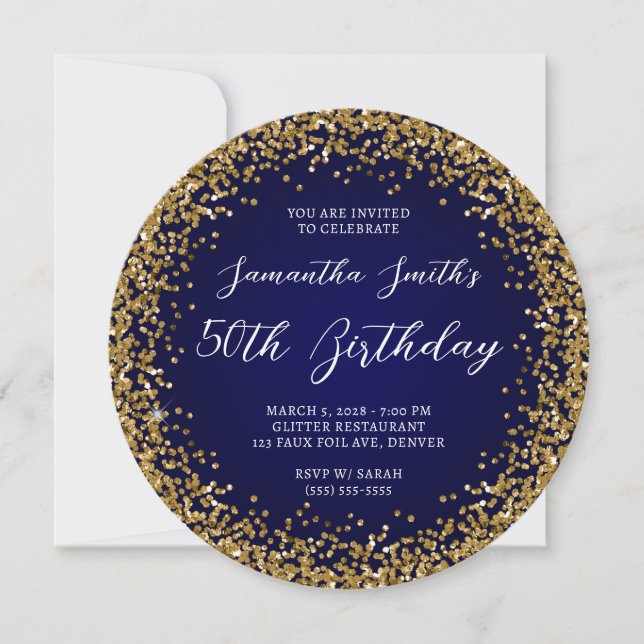 Gold Glitter Navy Ombre 50th Birthday Invitation (Front)