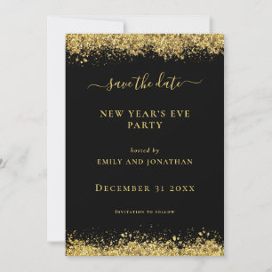 Gold Glitter New Year Party Black Save Date card