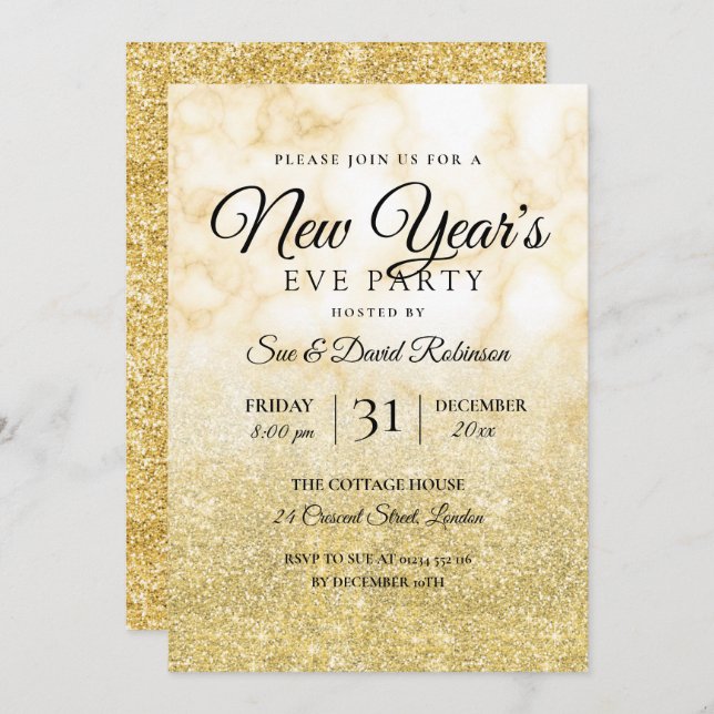 Gold Glitter New Years Eve Party Marble Invitation (Front/Back)