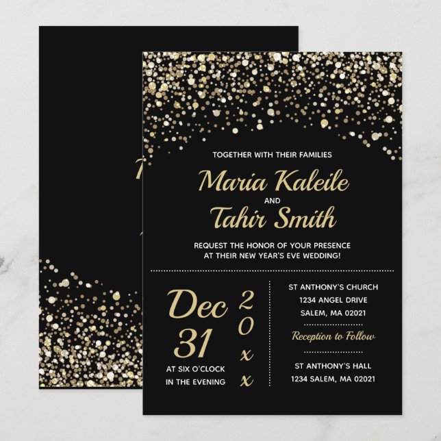 Gold Glitter New Year's Eve Wedding Invitation (Front/Back)