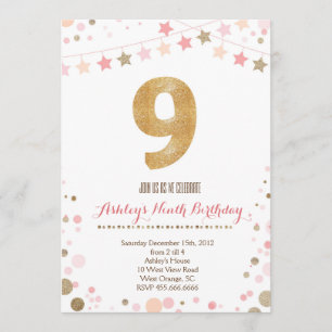 Gold Glitter Ninth Birthday Invitation