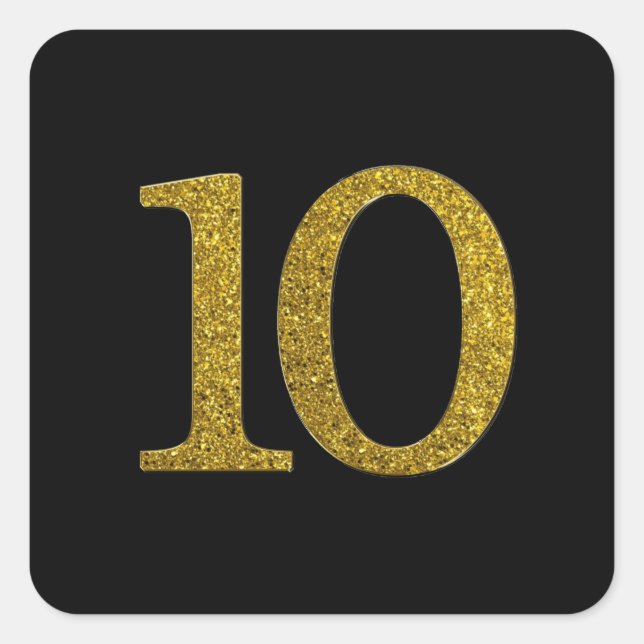 Gold Glitter Number 10 Wide Font Square Sticker (Front)
