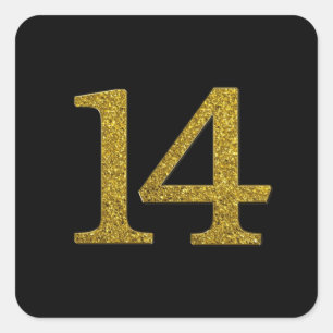 Gold Glitter Number 14 Wide Font Square Sticker