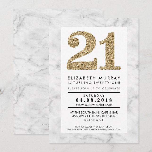 GOLD GLITTER NUMBER 21 21st INVITE simple marble (Front/Back)