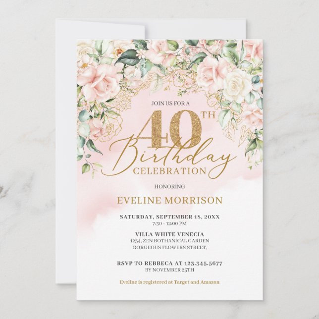 Gold glitter number soft pink roses 40th birthday invitation (Front)