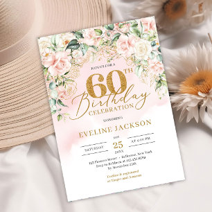 Gold glitter number soft pink roses 60th birthday invitation
