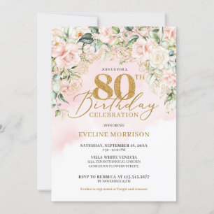 Gold glitter number soft pink roses 80th birthday invitation