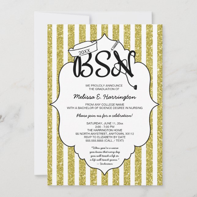 Gold Glitter Nurse BSN pinning ceremony Invitation (Front)
