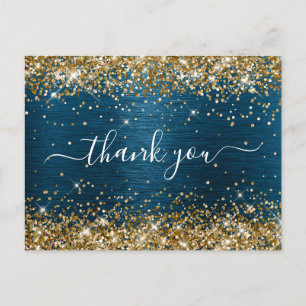 Gold Glitter Ocean Blue Foil Birthday Thank You Postcard