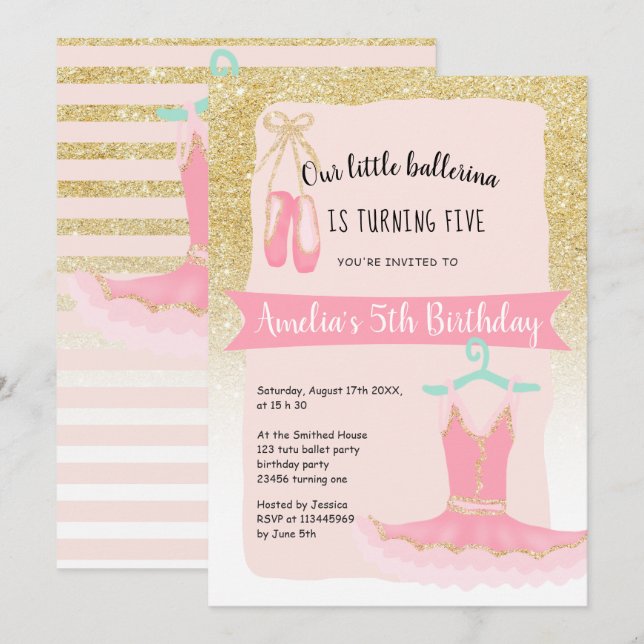 Gold glitter ombre ballerina tutu 5th birthday invitation (Front/Back)