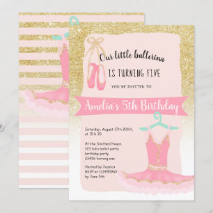Gold glitter ombre ballerina tutu 5th birthday invitation