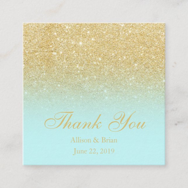 Gold glitter ombre blue mint thank you wedding square business card (Front)