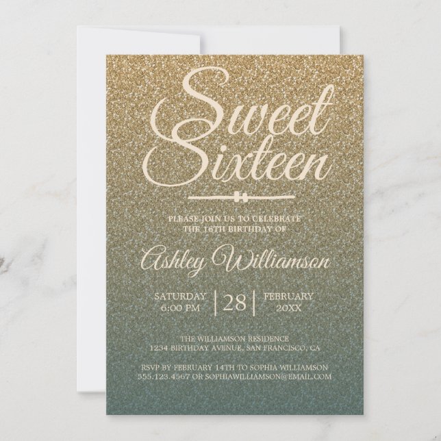 Gold Glitter Ombre Emerald Sweet 16 Birthday Invitation (Front)
