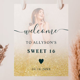 Gold glitter ombre photo Sweet 16 welcome Poster