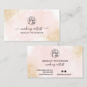 Gold glitter ombre pink brushstroke logo makeup business card