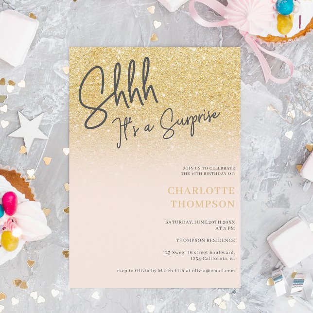 Gold glitter ombre pink photo surprise Sweet 16 Invitation (Creator Uploaded)