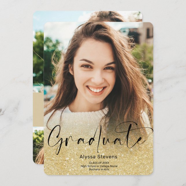 Gold glitter ombre script 4 photos graduation announcement (Front/Back)