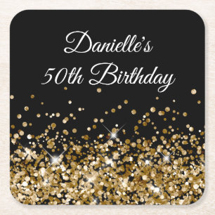 Gold Glitter on Black 50th Birthday Square Paper Coaster