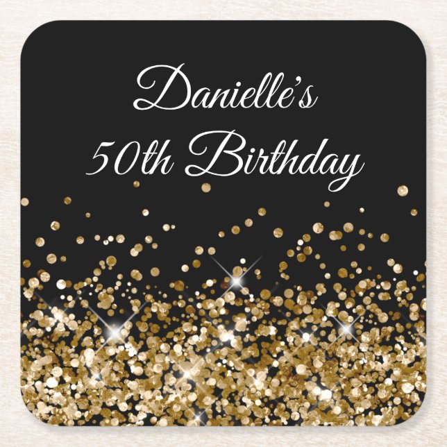 Gold Glitter on Black 50th Birthday Square Paper Coaster (Front)