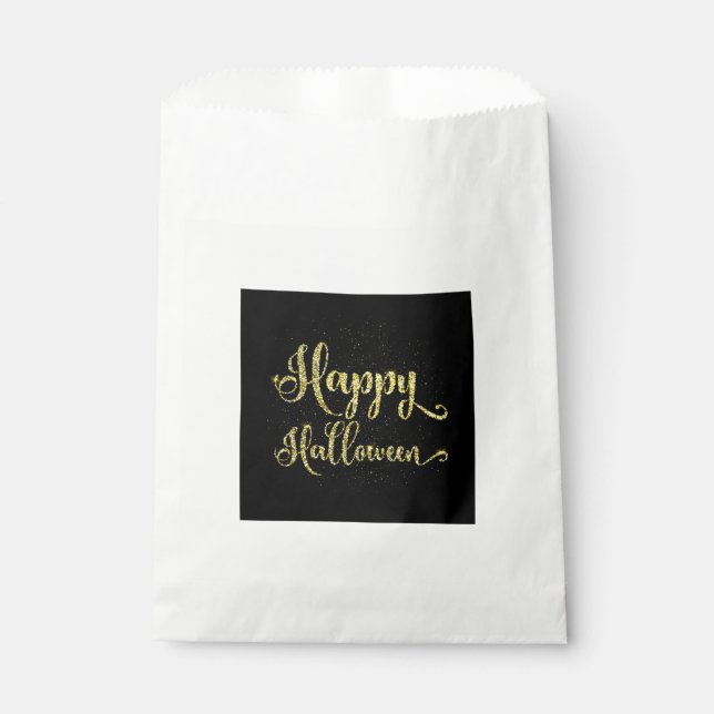 Gold Glitter On Black Happy Halloween Favour Bags (Front)