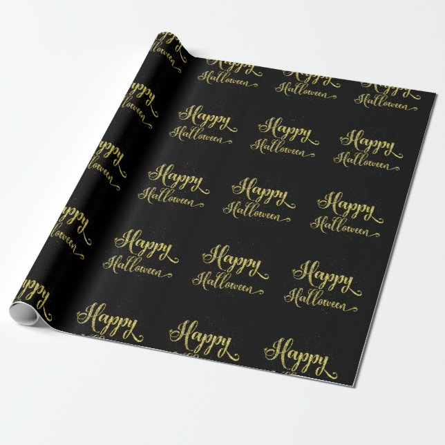 Gold Glitter On Black Happy Halloween Wrapping Paper (Unrolled)